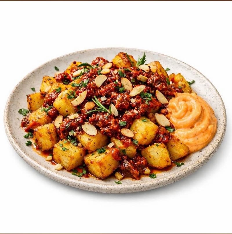 Plato de bravas con salsa, almendras laminadas y alioli