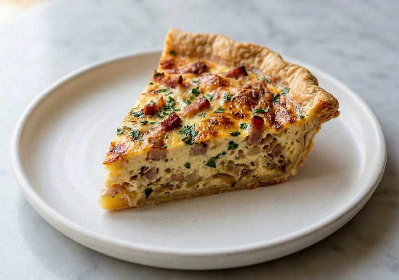 Porción de quiche en un plato blanco